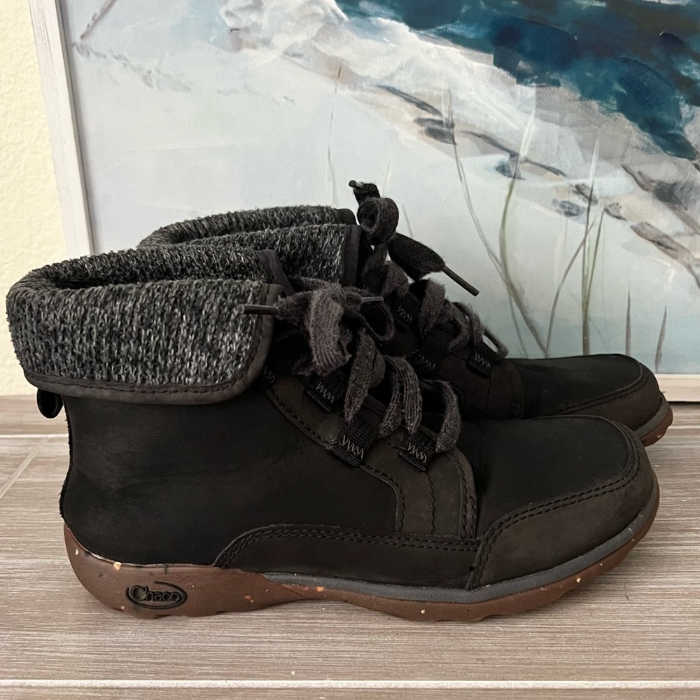 Chaco Barbary Black Leather Ankle Boots Size 6 Outdoor Lace Up JCH199800